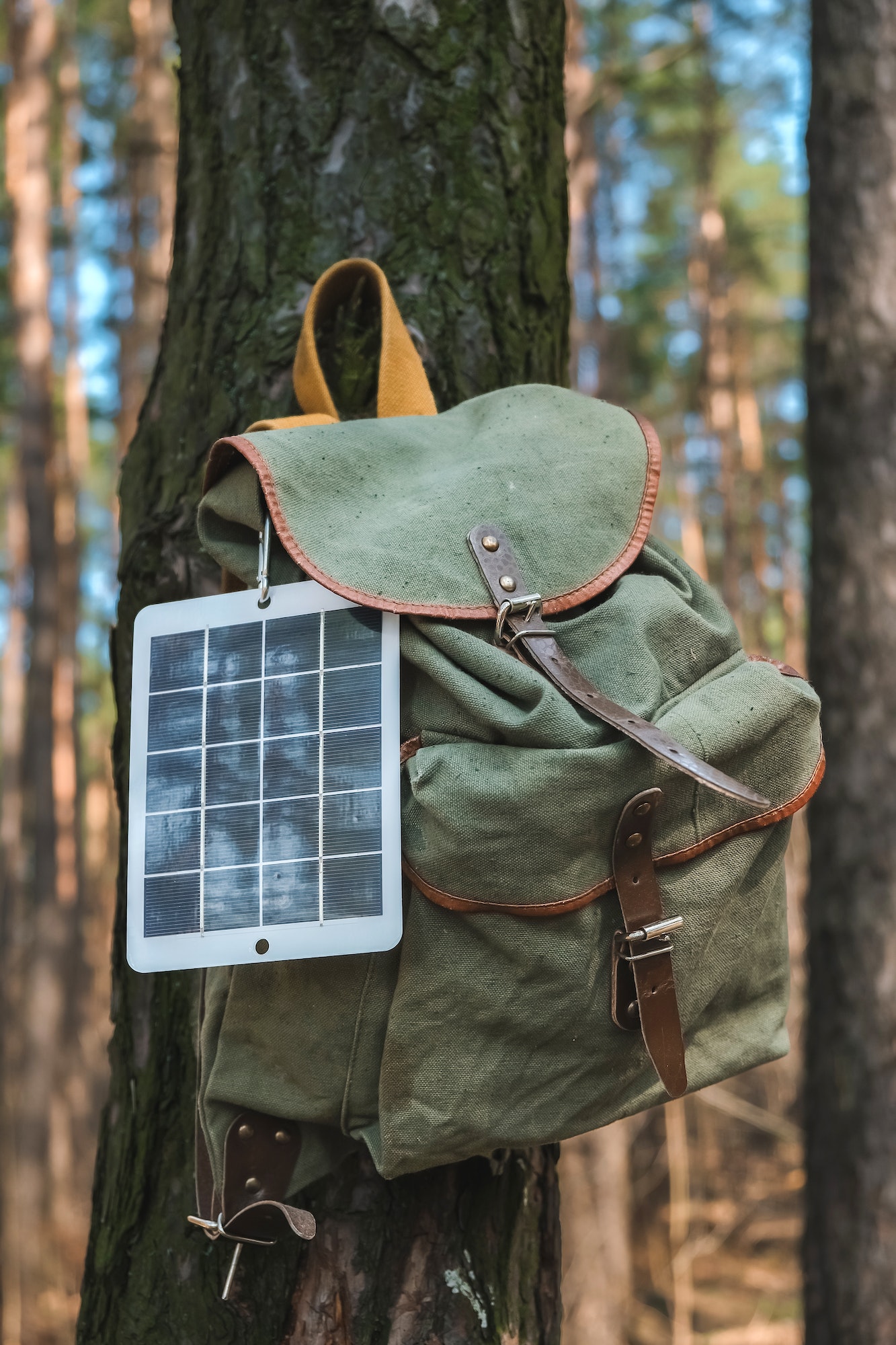 Portable solar panel.Traveler uses green energy to charge gadgets.Eco crisis,eo friendly,sustainable